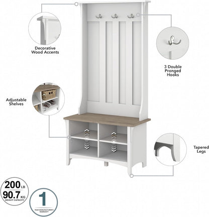 Bush Furniture Salinas Hall Tree with Shoe Storage Bench in Shiplap Gray and Pure White, Multi-Purpose Home Organizer, Entryway Solution with Seating and Hooks