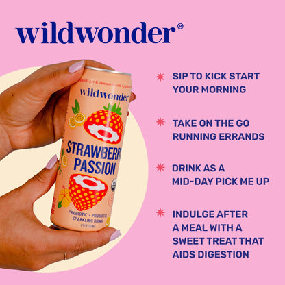 wildwonder Sparkling Probiotic Juice Drink w/Gut Health Immunity, Digestion Support, 5g Fiber, Live Probiotics, Caffeine Free, Organic, Low Sugar, 12pk 12oz, Strawberry Passion, As Seen on Shark Tank