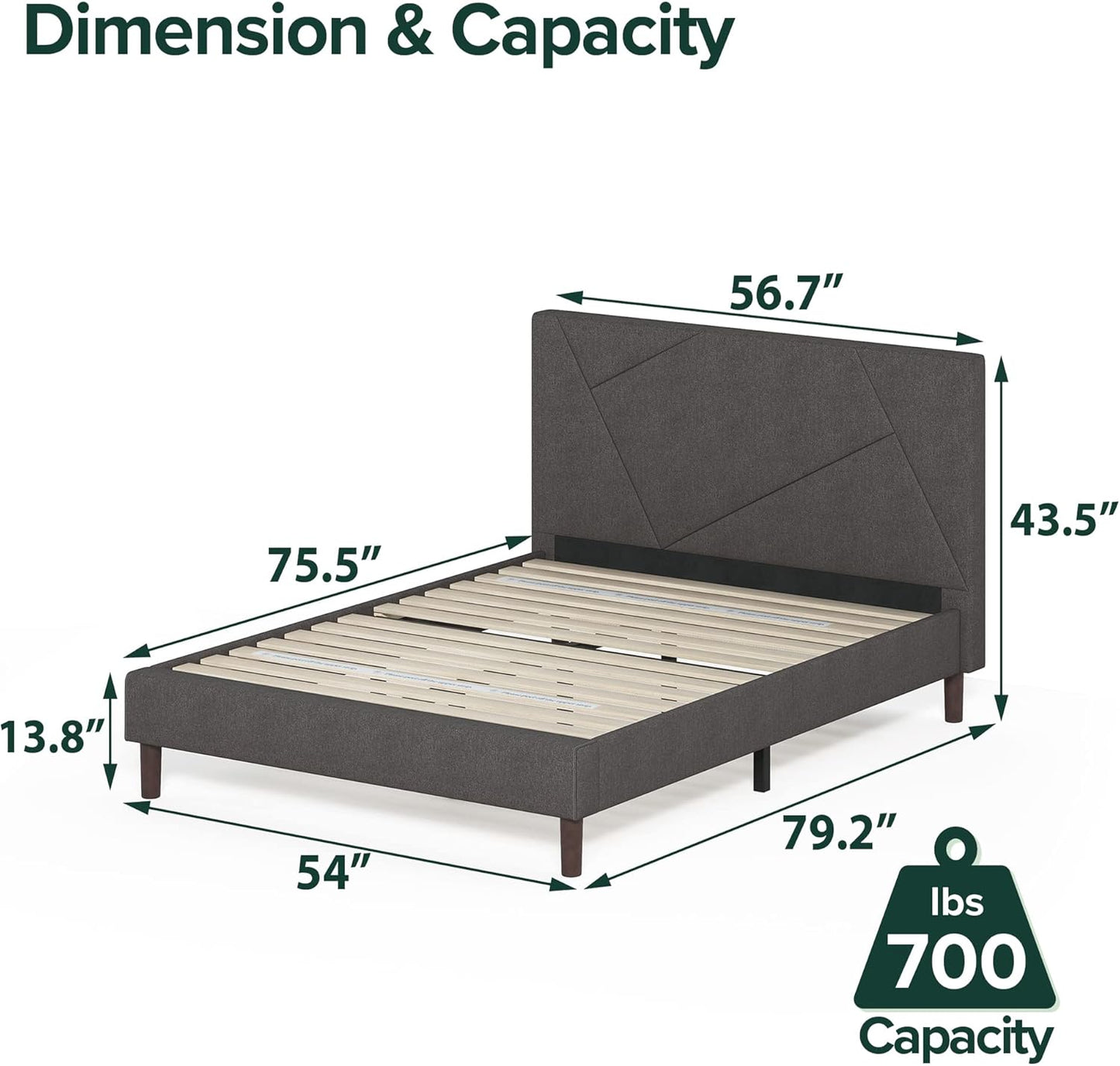 ZINUS Judy Upholstered Platform Bed Frame, Mattress Foundation, Wood Slat Support, No Box Spring Needed, Easy Assembly, Full, Grey