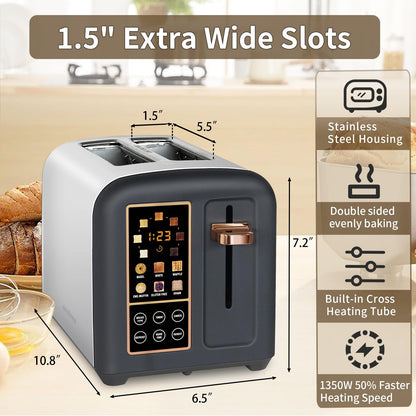 SEEDEEM Toaster 2 Slice, Stainless Toaster LCD Display&Touch Buttons, 50% Faster Heating Speed, 6 Bread Selection, 7 Shade Setting, 1.5''Wide Slot, Removable Crumb Tray, 1350W, Dark Metallic