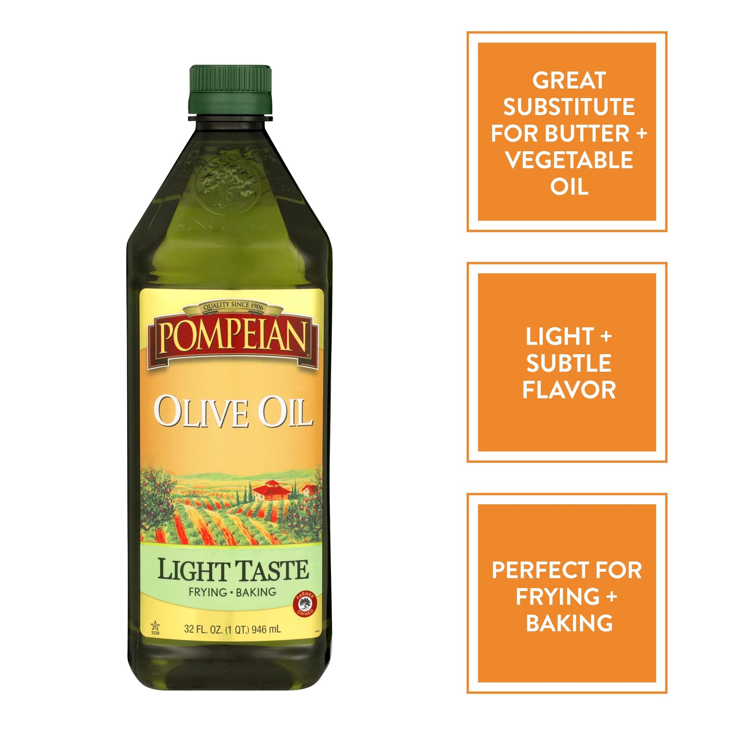 Pompeian Light Taste Olive Oil, Subtle Flavor, Perfect for Frying & Baking, Naturally Gluten Free, Non-Allergenic, Non-GMO, 32 FL. OZ.