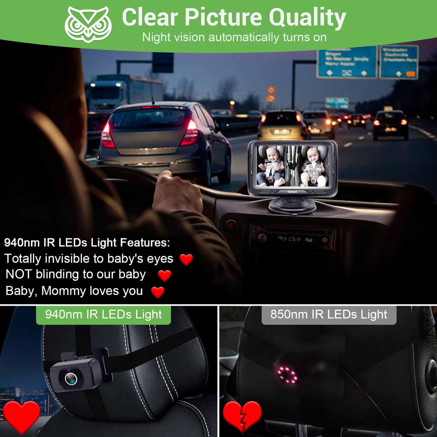 Baby Car Camera Easy Install: HD 1080P Eye Protection Clear Night Vision - Rear Facing Stability Backseat Camera with Monitor for Car Seat Travel 360° Rotation N06