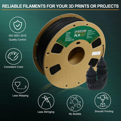 OVERTURE PLA Filament 1.75mm PLA 3D Printer Filament, 1kg Cardboard Spool (2.2lbs), Dimensional Accuracy +/- 0.02mm, Fit Most FDM Printer (Black 1-Pack)