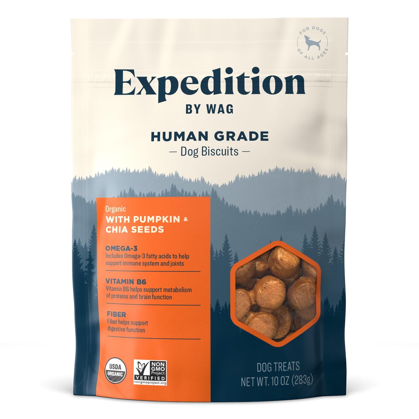 Amazon Brand - Wag Expedition Human Grade Organic Biscuits Dog Treats, Non-GMO, Gluten Free, Pumpkin & Chia Seed, 10oz