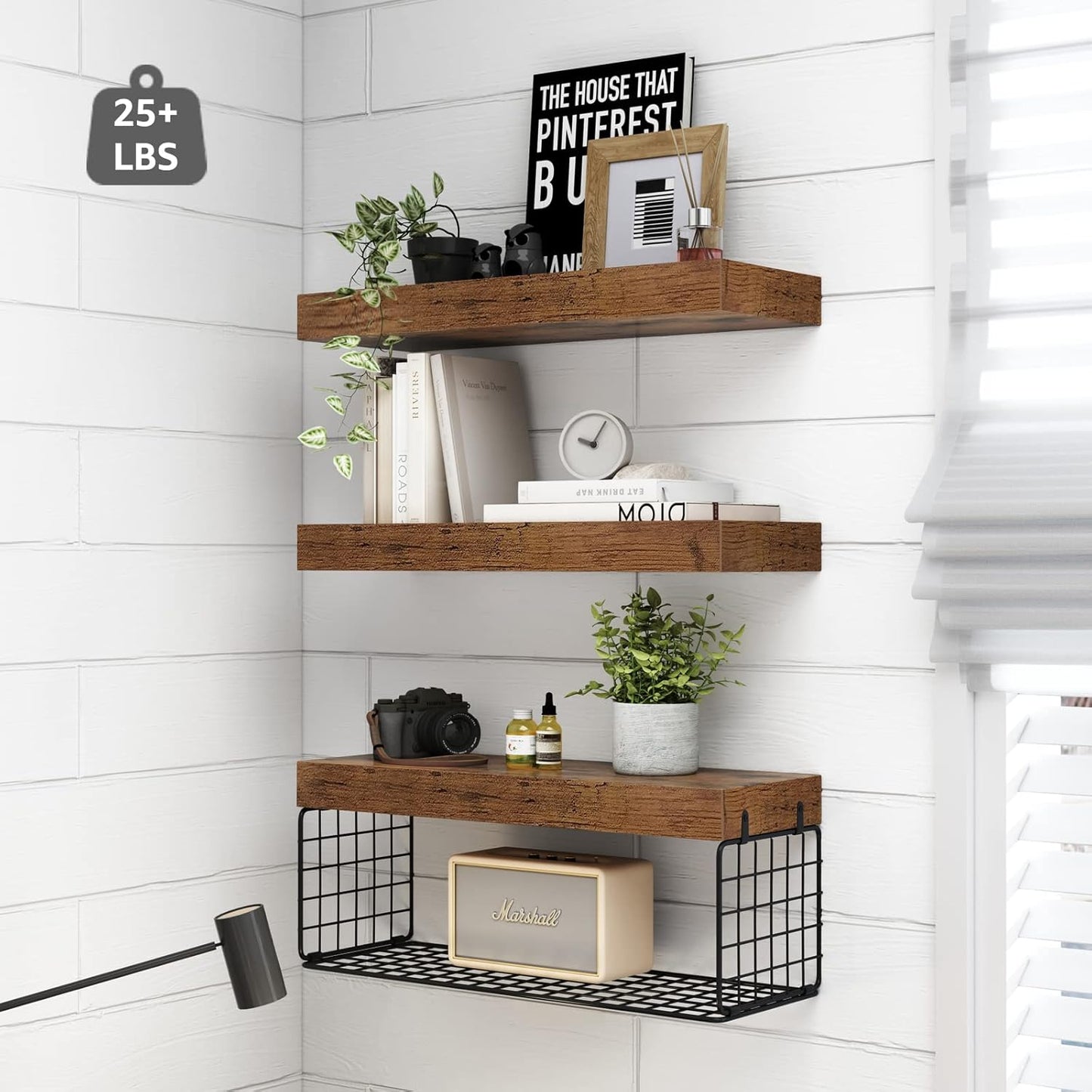 QEEIG Bathroom Shelves Over Toilet Wall Mounted Floating Shelves Farmhouse Shelf Toilet Paper Storage Small 16 inch Set of 3, Rustic Brown (019-BN3)