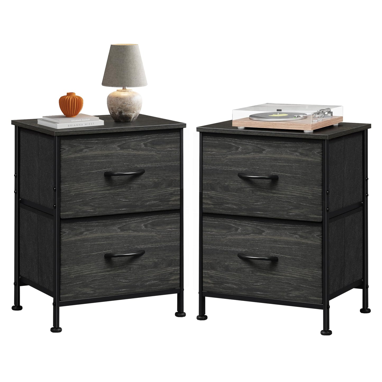 WLIVE Black Nightstand, Small Dresser for Bedroom with 2 Fabric Drawer, Bed Side Table with Drawers, End Table Bedside Furniture, Sturdy Steel Frame, Wood Top, Closet Organizer, College Dorm