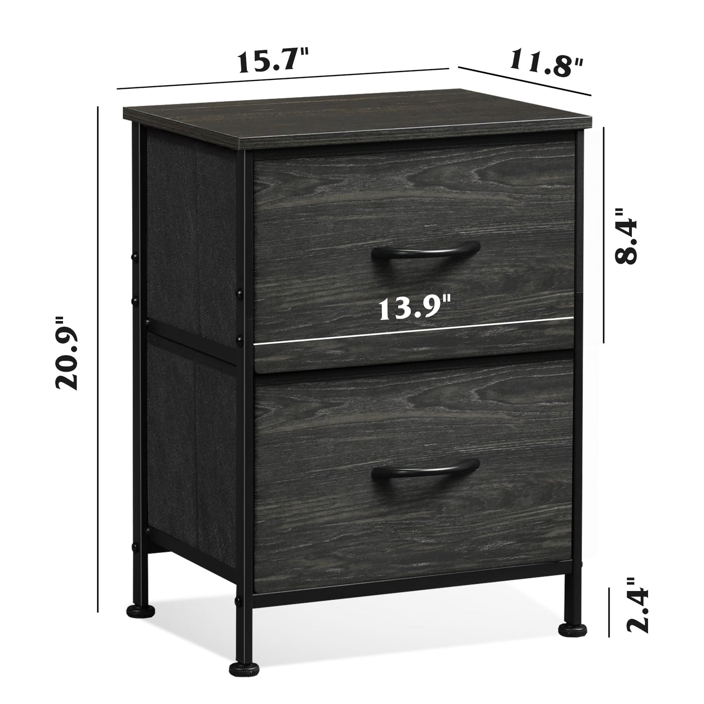 WLIVE Black Nightstand, Small Dresser for Bedroom with 2 Fabric Drawer, Bed Side Table with Drawers, End Table Bedside Furniture, Sturdy Steel Frame, Wood Top, Closet Organizer, College Dorm