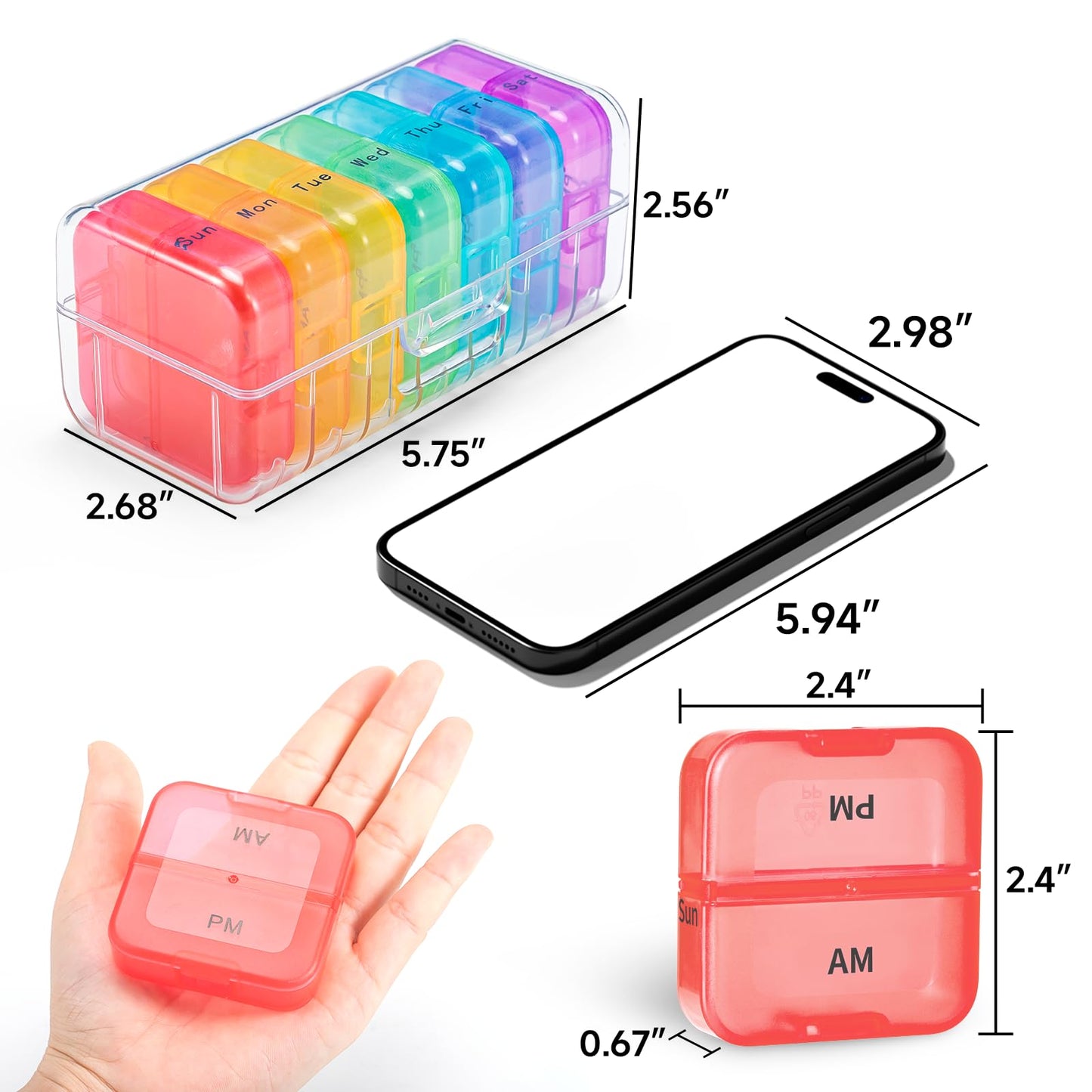 Zoksi Weekly Pill Organizer 2 Times a Day, Rainbow 7 Day Pill Box, Daily Am Pm Pill Organizer, Portable Case for Fish Oils, Vitamin, Supplement