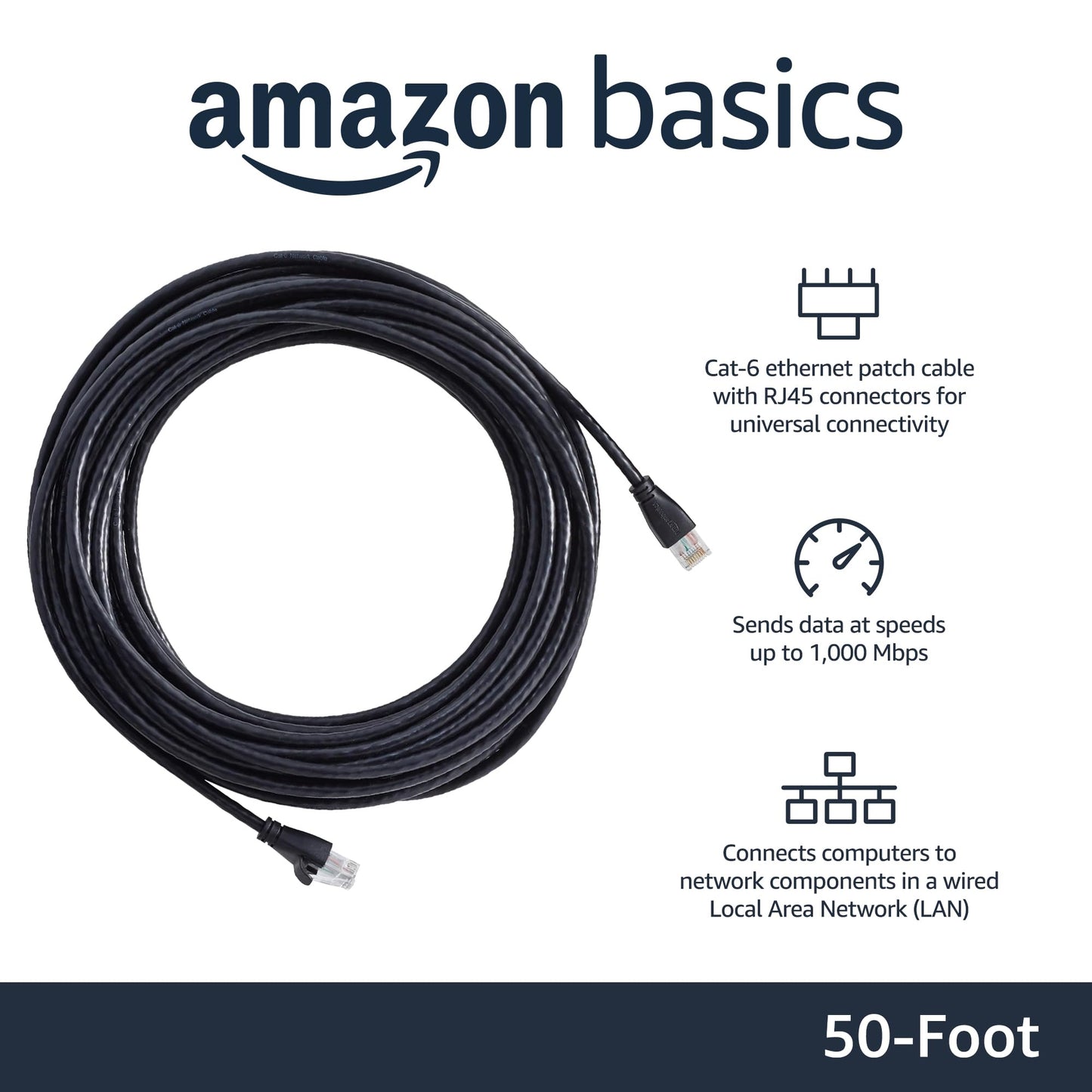 Amazon Basics RJ45 Cat-6 Ethernet Patch Cable, 1Gpbs Transfer Speed, Gold-Plated Connectors, 25 Foot (7.6 Meters), Black