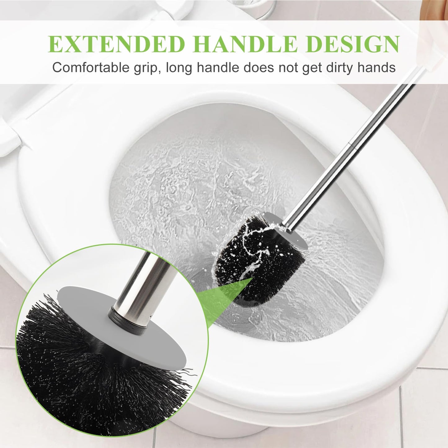 Compact Toilet Brush & Holder, Stainless Steel Handle, Space Saving for Storage, Deep Cleaning, Drip-Proof, Easy to Assemble, Nylon Bristles, White & Grey