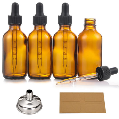 AOZITA 4 Pack, 2 oz Dropper Bottles with 1 Funnel & 4 Labels - 60ml Thick Dark Amber Glass Tincture Bottles with Eye Droppers - Leakproof Essential Oils Bottles