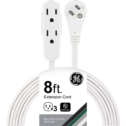 GE 3-Outlet Flat Extension Cord 8 Ft Grounded Extension Cord with Multiple Outlets 3 Prong Outlet Extender Flat Plug Power Strip Indoor Extension Cord 16 Gauge UL Listed White 50251