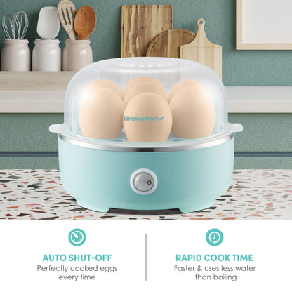 Elite Gourmet EGC322CBL Easy Egg Cooker Electric 7-Egg Capacity, Soft, Medium, Hard-Boiled Egg Cooker with Auto Shut-Off, Measuring Cup Included, BPA Free, Classic Blue