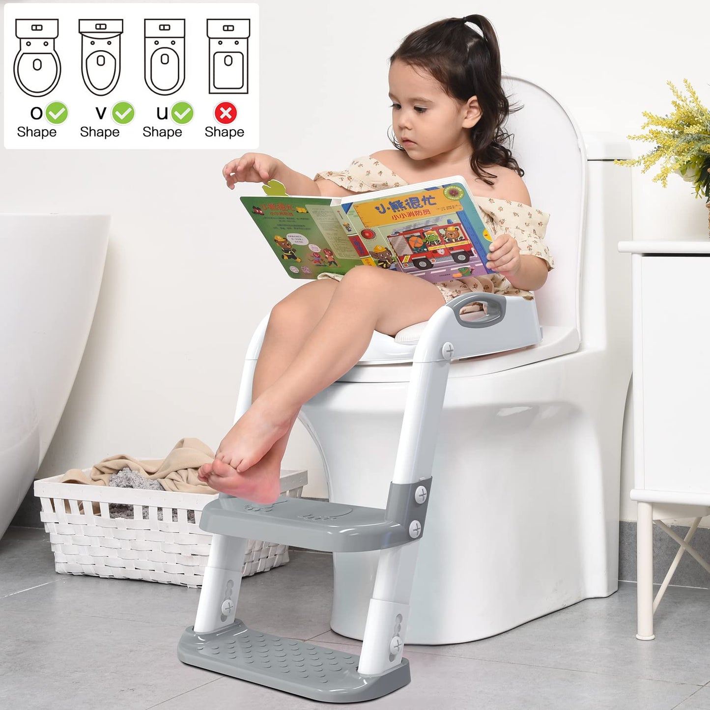 Toilet Potty Training Seat with Step Stool Ladder,SKYROKU Training Toilet for Kids Boys Girls Toddlers-Comfortable Safe Potty Seat with Anti-Slip Pads Ladder (Grey)