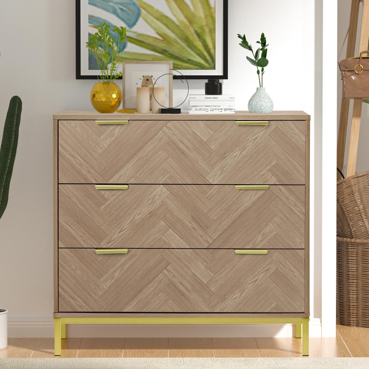 Anmytek Modern 3 Drawer Chest Dresser, Mid Century Natural Oak Organizer Bedroom Furniture with Gold Metal Legs H0037