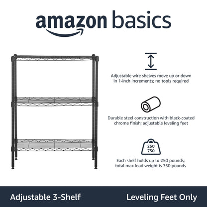 Amazon Basics 3-Shelf Adjustable, Heavy Duty Storage Shelving Unit (250 lbs loading capacity per shelf), Steel Organizer Wire Rack, 23.2"L x 13.4"W x 30"H, Black