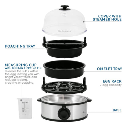 Elite Gourmet EGC-007## Rapid Egg Cooker, 7 Easy-To-Peel, Hard, Medium, Soft Boiled Eggs, Poacher, Omelet Maker, Auto Shut-Off, Alarm, 16-Recipe Booklet, BPA-Free, White