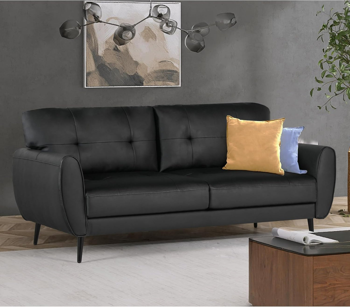 Sofa Couch, 60" Loveseat Sofa for Living Room, Mid Century Mini Black Couch, Tufted Leather Love Seat Furniture, Comfy Office Sofa 2 Seat, Small Couches for Small Spaces, Bedroom, Apartment