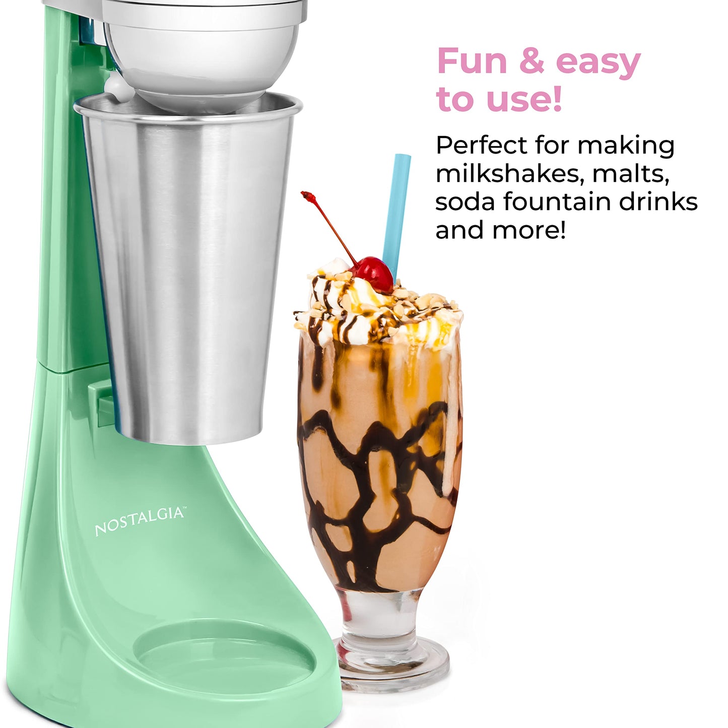 Nostalgia Two-Speed Electric Milkshake Maker and Drink Mixer, Includes 16-Ounce Stainless Steel Mixing Cup and Rod, Cream