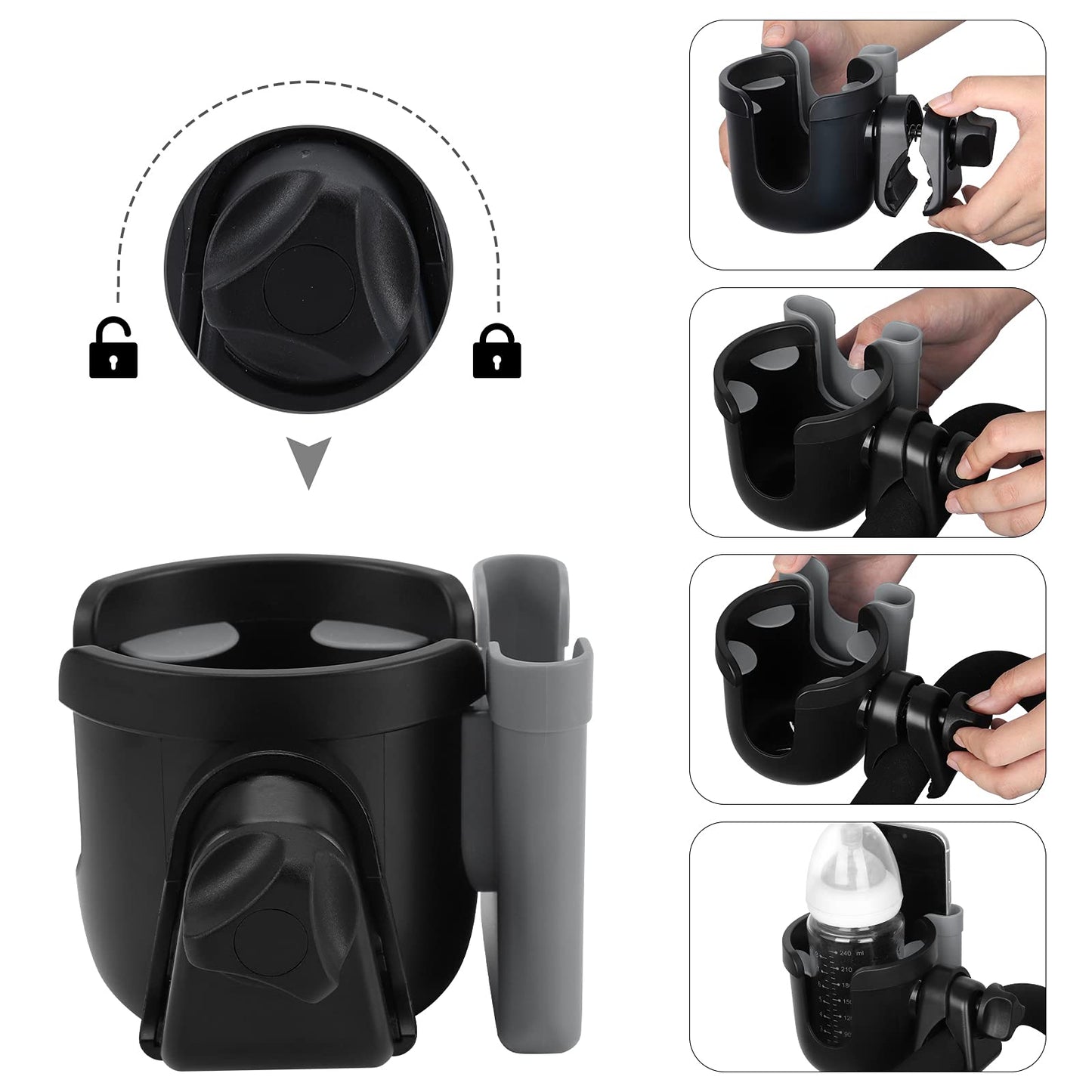 Accmor Stroller Cup Holder with Phone Holder, Bike Cup Holder, Universal Cup Holder for Uppababy Nuna Doona Strollers, 2-in-1 Cup Phone Holder for Stroller, Bike, Wheelchair, Walker, Scooter