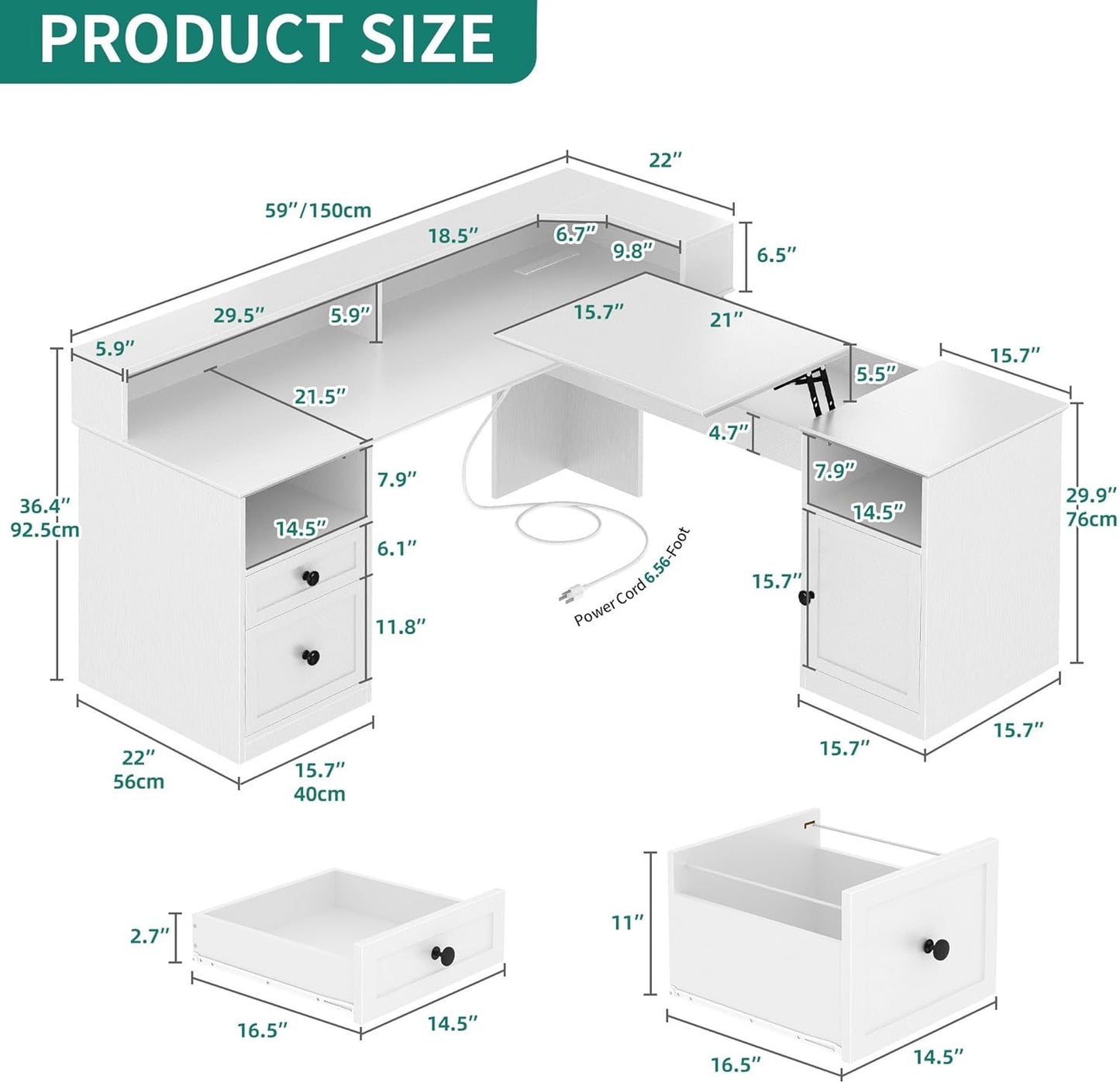 YITAHOME L Shaped Desk with Drawers, 60” Computer Desk with Power Outlets & Lift Top, Home Office Desk with File Cabinet & LED Lights, Height Adjustable Desk, White