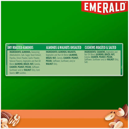 Emerald Nuts Mixed Nuts Variety Pack 18ct (1-Pack) , 100-Calorie Individual Packs , Features Dry Roasted Almonds, Natural Almonds & Walnuts, and Roasted & Salted Cashews