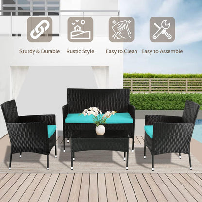 FDW Patio Furniture Set 4 Pieces Outdoor Rattan Chair Wicker Sofa Garden Conversation Bistro Sets for Yard,Pool or Backyard,Blue Cushions