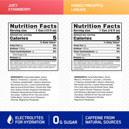 Optimum Nutrition Amino Energy Sparkling Hydration Drink, Electrolytes, Caffeine, Amino Acids, BCAAs, Sugar Free, Juicy Strawberry, 12 Fl Oz, 12 Pack (Packaging May Vary)