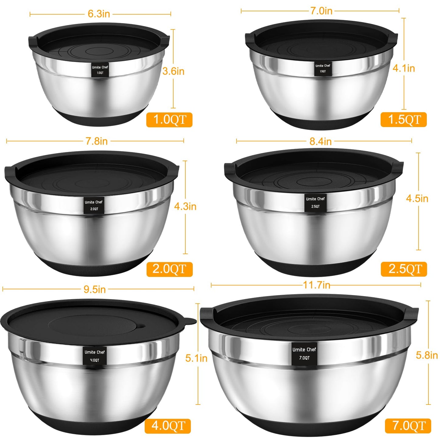 Mixing Bowls with Airtight Lids Set, 26PCS Stainless Steel Khaki Bowls with Grater Attachments, Non-Slip Bottoms & Kitchen Gadgets Set, Size 7, 4, 2.5, 2.0,1.5, 1QT, Great for Mixing & Serving