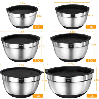 Mixing Bowls with Airtight Lids Set, 26PCS Stainless Steel Khaki Bowls with Grater Attachments, Non-Slip Bottoms & Kitchen Gadgets Set, Size 7, 4, 2.5, 2.0,1.5, 1QT, Great for Mixing & Serving