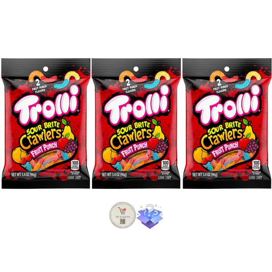 Trolli Gummy Candy - (Pack of 3) Share Size Peg Bags + BONUS Mystery Candy (3.4 oz, Fruit Punch Crawlers)