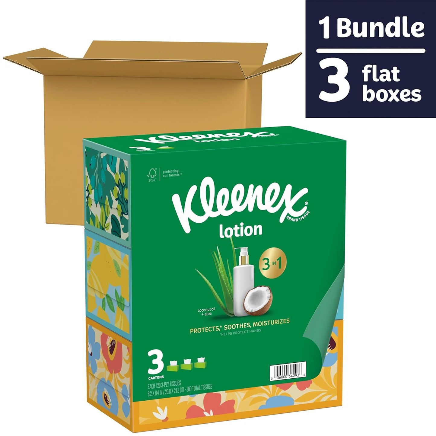 Kleenex Lotion Facial Tissues with Coconut Oil, 3 Flat Boxes, 120 Tissues Per Box, 3-Ply