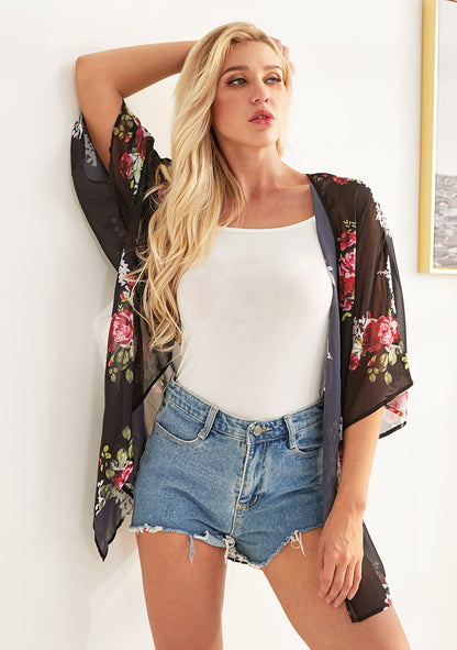 Women's Floral Print Puff Sleeve Kimono Cardigan Loose Cover Up Casual Blouse Tops