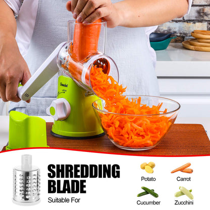 Geedel Rotary Cheese Grater, Kitchen Mandoline Vegetable Slicer with 3 Interchangeable Blades, Easy to Clean Grater for Fruit, Vegetables, Nuts