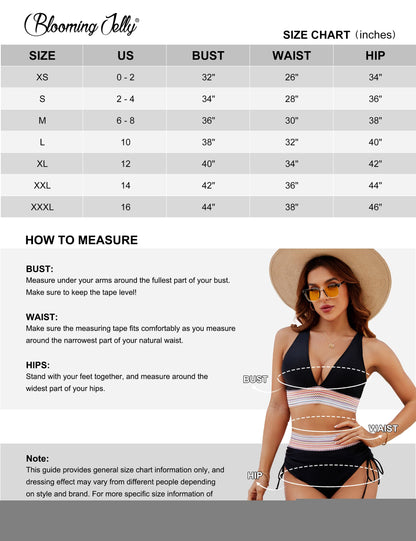 Blooming Jelly Women High Waisted Bikini Sets Tummy Control Swimsuits Color Block Two Piece Drawstring Bathing Suit