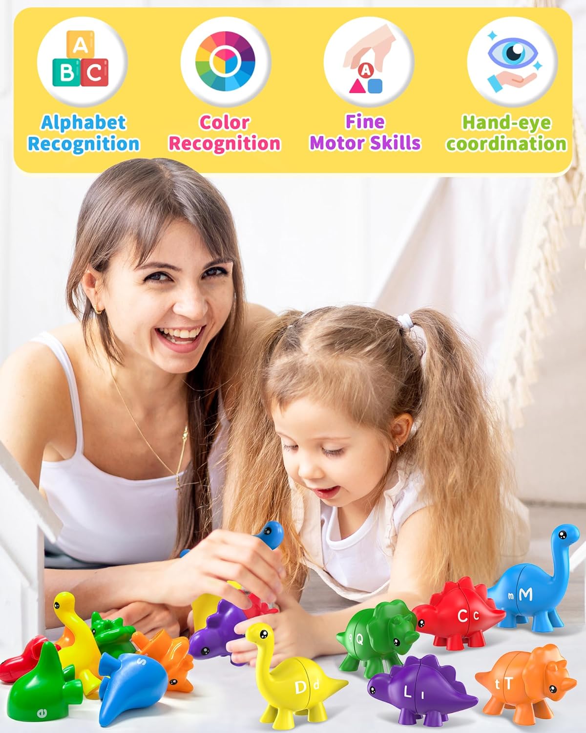 26PCS Dinosaur Alphabet Learning Toys for Toddlers 2-4, Montessori Educational Toys Gifts for 2 3 4 Year Old Boys Girls, Double Sided ABC Dinosaur Matching Game, Preschool Fine Motor Toys for Kids 3-5