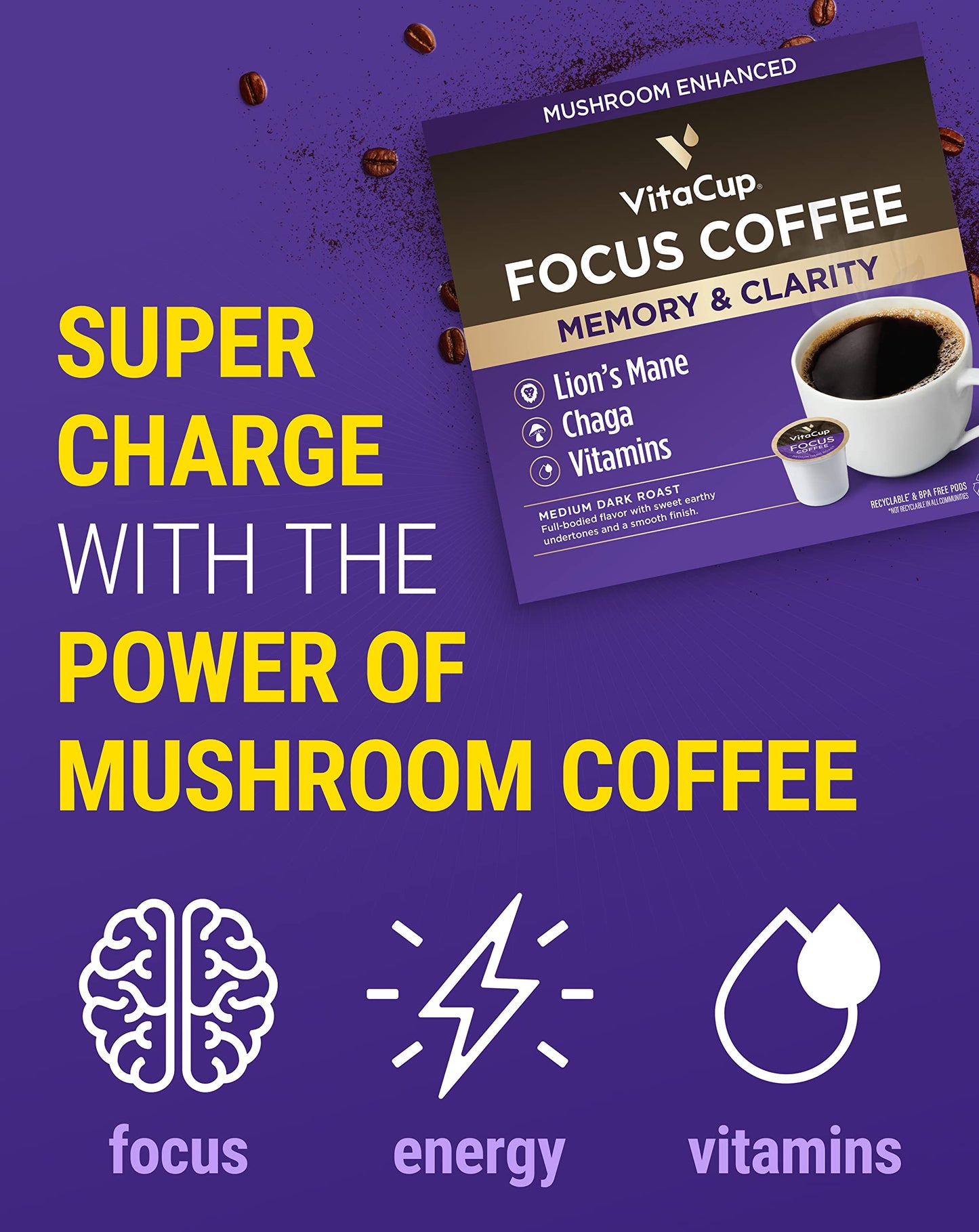 VitaCup Mushroom Coffee Pods - Boost Focus & Immunity with Lions Mane, Chaga, Vitamins, for Memory & Clarity, Recyclable K-Cup Pods, 16 Ct