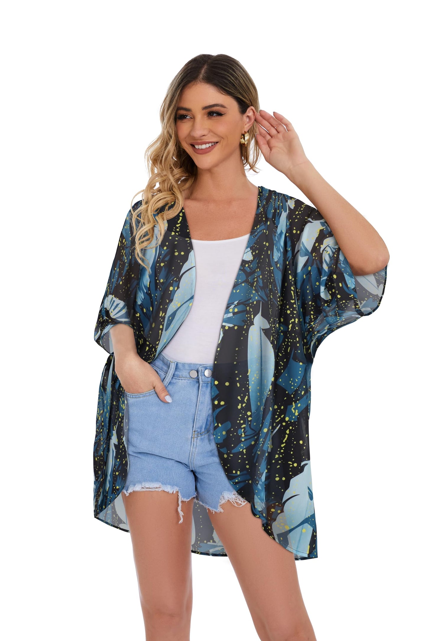 Women's Floral Print Puff Sleeve Kimono Cardigan Loose Cover Up Casual Blouse Tops