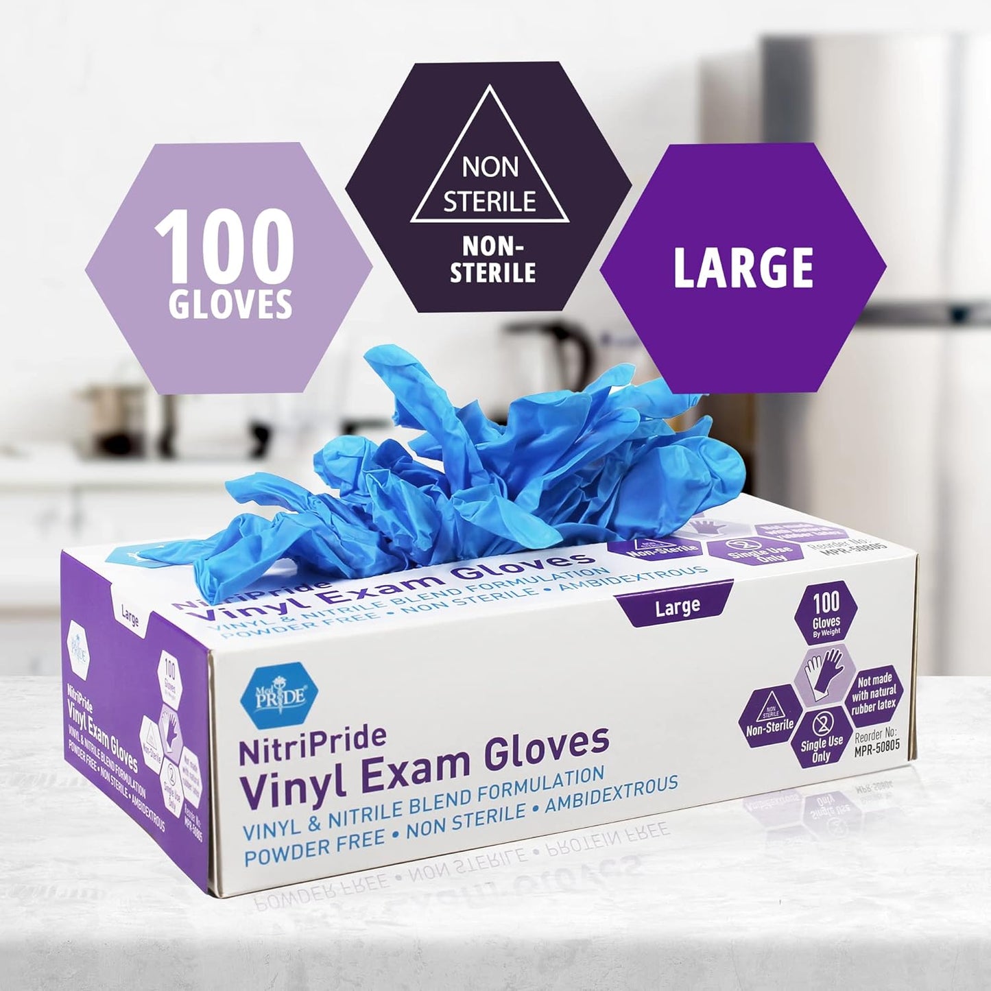 MED PRIDE NitriPride Nitrile-Vinyl Blend Exam Gloves, Large 100 - Powder Free, Latex Free & Rubber Free - Single Use Non-Sterile Protective Gloves for Medical Use, Cooking, Cleaning & More