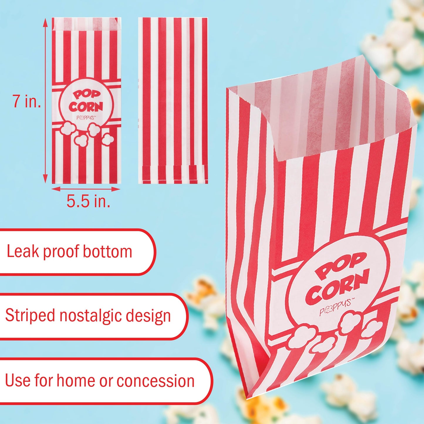 Poppy's Paper Popcorn Bags - 200 1oz Concession-Grade Bags, Popcorn Machine Accessories for Popcorn Bars, Movie Nights, Concessions