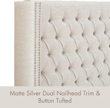 Madison Park Amelia Upholstered Headboard | Nail Head Trim Wingback Button Tufted | King, Cream