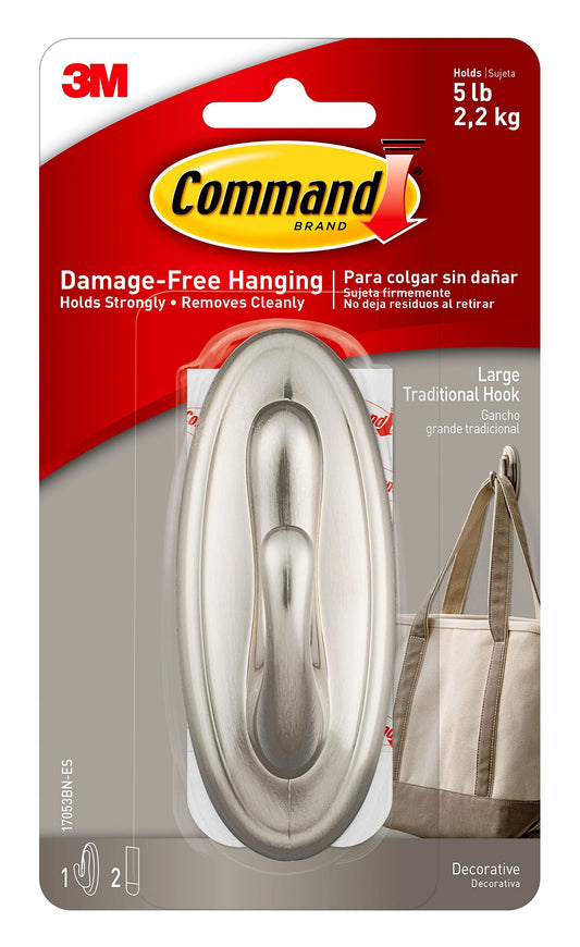 Command Large Traditional Hook, Holds up to 5 lb, 1 Wall Hook with 2 Command Strips, Brushed Nickel Color, Organize Damage-Free No Tools Wall Hooks for Hanging Decorations in Living Spaces