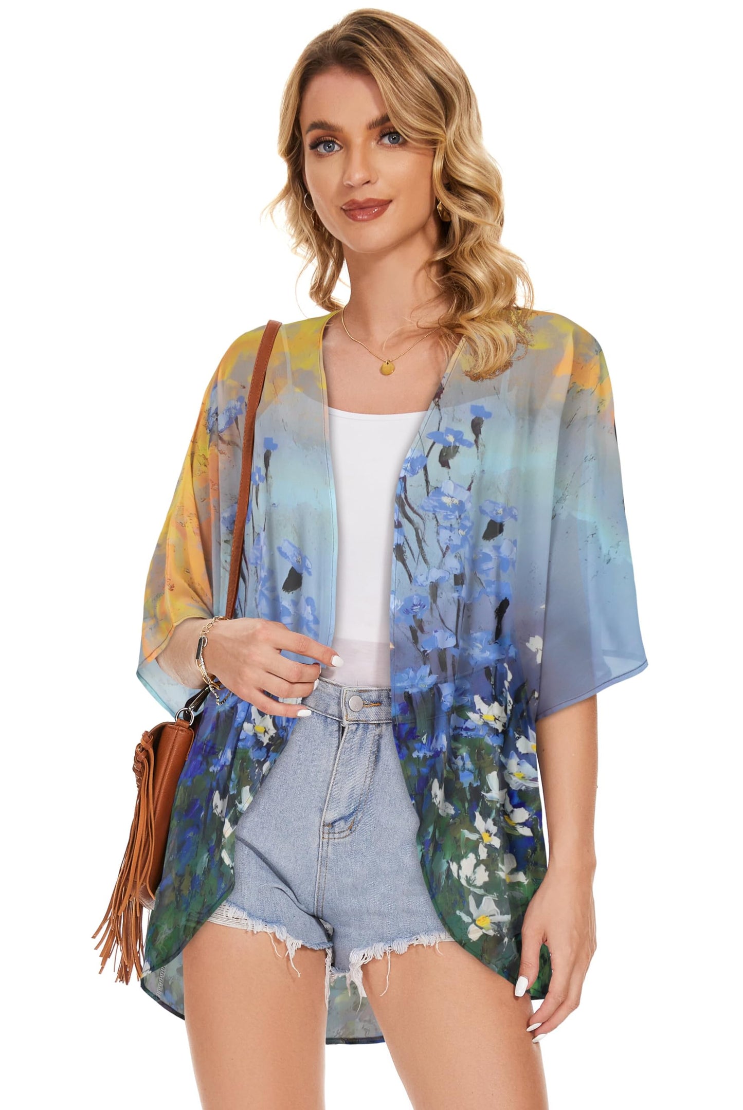 Women's Floral Print Puff Sleeve Kimono Cardigan Loose Cover Up Casual Blouse Tops