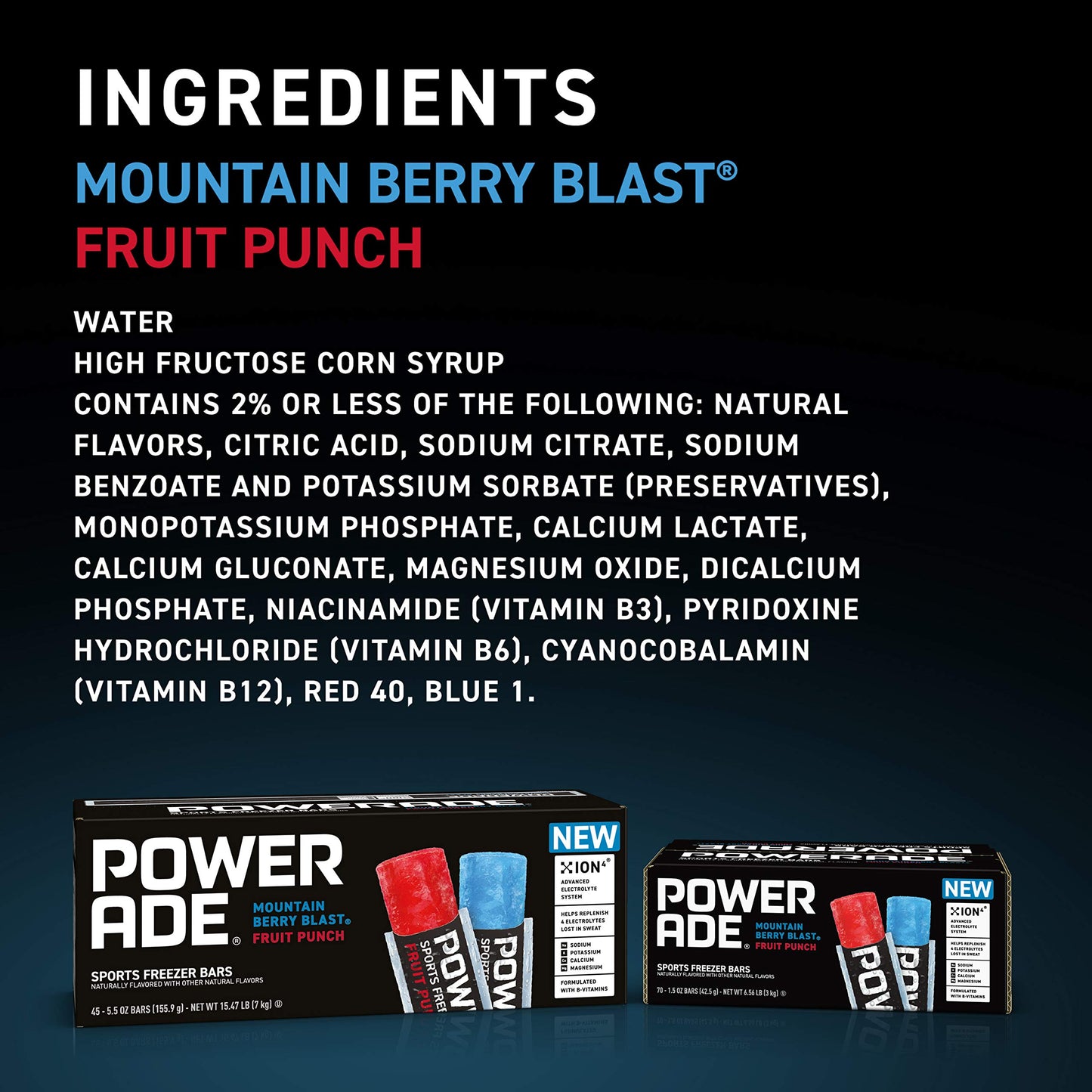 POWERADE Sports Freezer Bars, Giant Sized 5.5 oz Refreshing Ice Pops with Electrolytes B Vitamins – Naturally Flavored, Mountain Berry Blast and Fruit Punch, 45 Total Freezer Bars