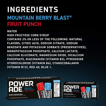 POWERADE Sports Freezer Bars, Giant Sized 5.5 oz Refreshing Ice Pops with Electrolytes B Vitamins – Naturally Flavored, Mountain Berry Blast and Fruit Punch, 45 Total Freezer Bars