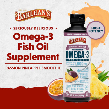 Barlean's Mango Peach Omega 3 Fish Oil Liquid Supplement with Vitamin D, 1080mg EPA & DHA Fatty Acid, Smoothie Flavored & Burpless for Brain, Joint, & Heart Health, 16 oz