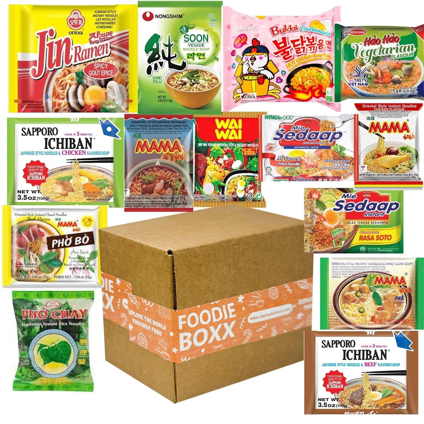 FOODIE BOXX Asian Instant Ramen Noodles Variety Pack with Cookies & Chopsticks (Dry)