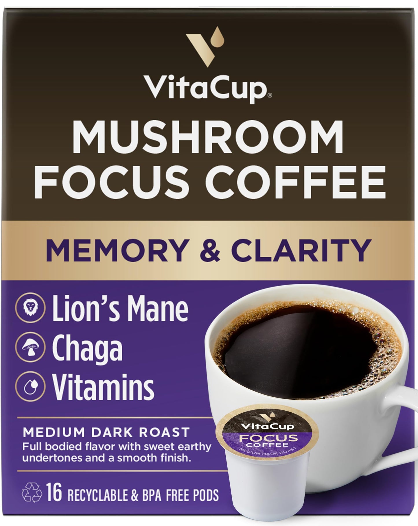 VitaCup Mushroom Coffee Pods - Boost Focus & Immunity with Lions Mane, Chaga, Vitamins, for Memory & Clarity, Recyclable K-Cup Pods, 16 Ct