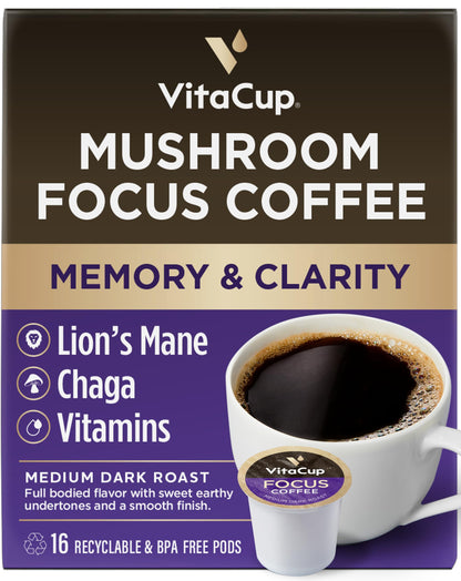 VitaCup Mushroom Coffee Pods - Boost Focus & Immunity with Lions Mane, Chaga, Vitamins, for Memory & Clarity, Recyclable K-Cup Pods, 16 Ct