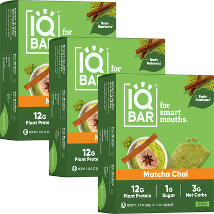 IQBAR Brain and Body Plant Protein Bars - Almond Butter Chip - 12 Count, Low Carb, High Fiber, Gluten Free, Vegan Snacks - Low Sugar Keto Energy Bars